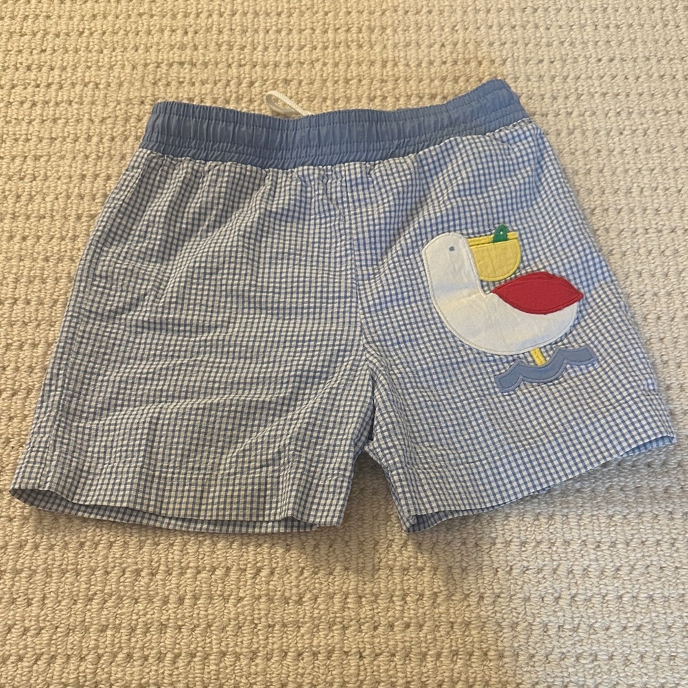 Florence Eiseman Blue Checkered Swim Trunks with Bird Appliqué